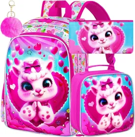 16" Girls Backpack, 3Pcs Kids Bookbag with Lunch Box, School Backpacks for Elementary Preschool Kindergarten