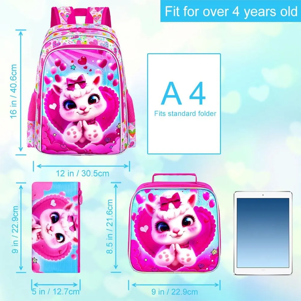 16" Girls Backpack, 3Pcs Kids Bookbag with Lunch Box, School Backpacks for Elementary Preschool Kindergarten