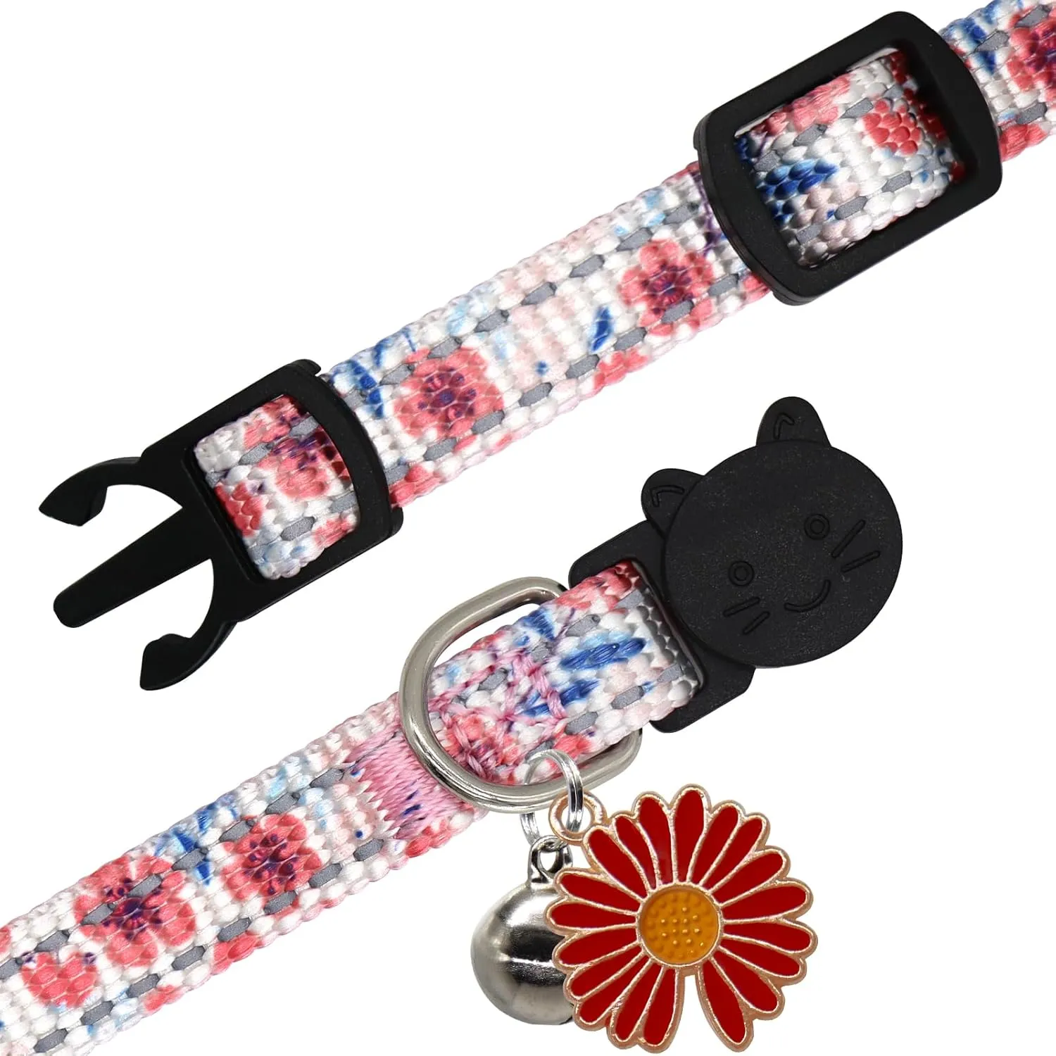2 Pack Reflective Cat Collar, Breakaway Adjustable Cat Collar with Bells,Safety Buckle Collars for Boys and Girls Cats, Red White Flower