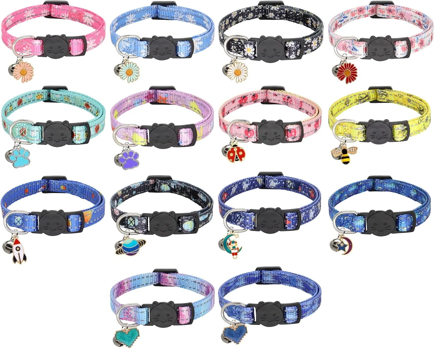 2 Pack Reflective Cat Collar, Breakaway Adjustable Cat Collar with Bells,Safety Buckle Collars for Boys and Girls Cats, Red White Flower