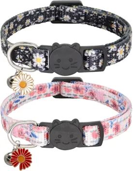 2 Pack Reflective Cat Collar, Breakaway Adjustable Cat Collar with Bells,Safety Buckle Collars for Boys and Girls Cats, Red White Flower