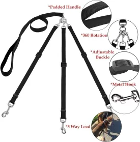 3 Way Dog Leash, Adjustable Coupler Dog Lead with Soft Padded Handle Detachable 3 in 1 Multiple Leash Splitter for Pet Cat Puppy Walking Training (Black)