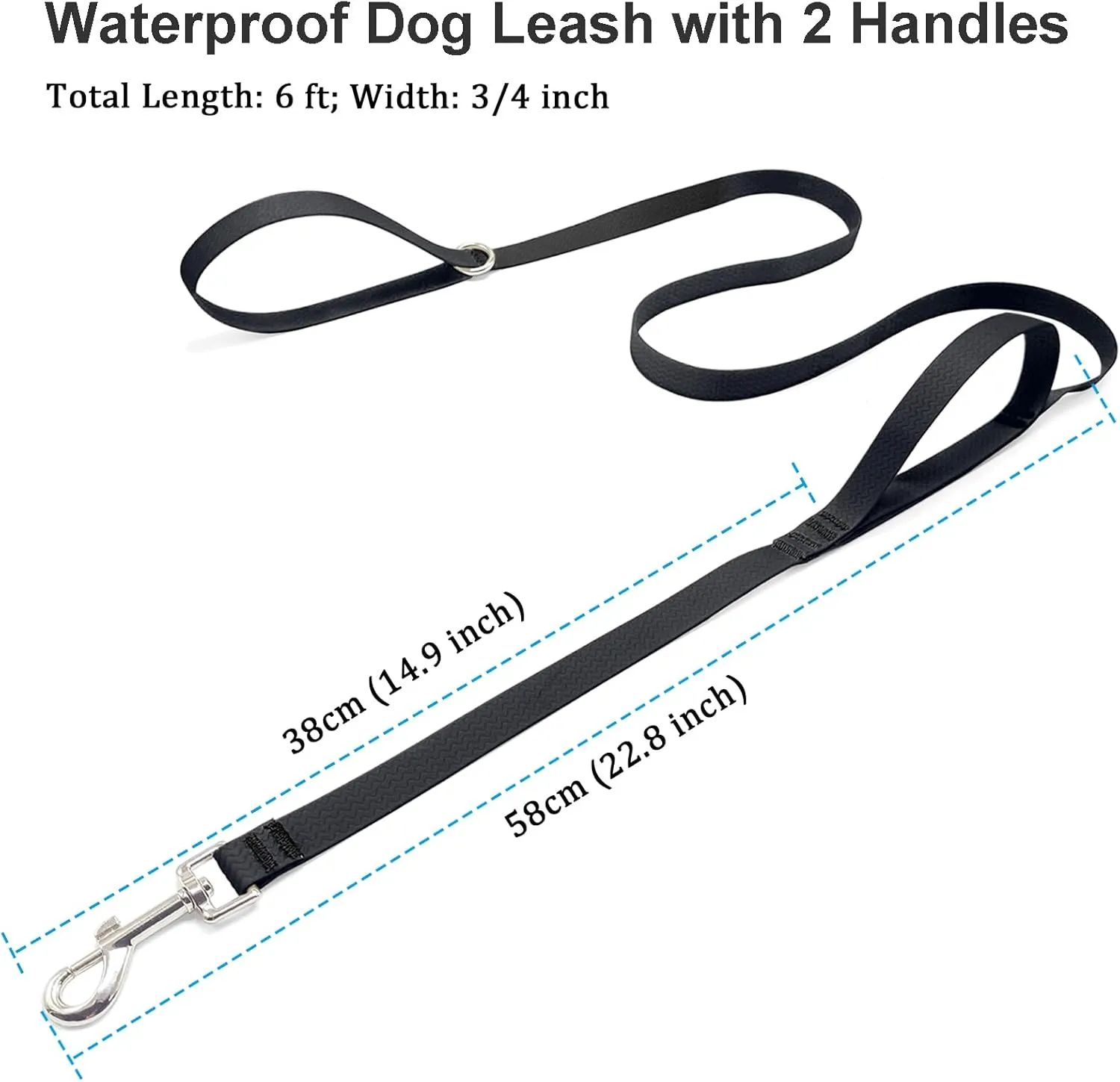 6 ft Double Handle Waterproof Dog Leash, Traffic Control, Odor Proof, Easy Clean Coated Wide Nylon with 2 Handles for Beach/Muddy Adventures/Training