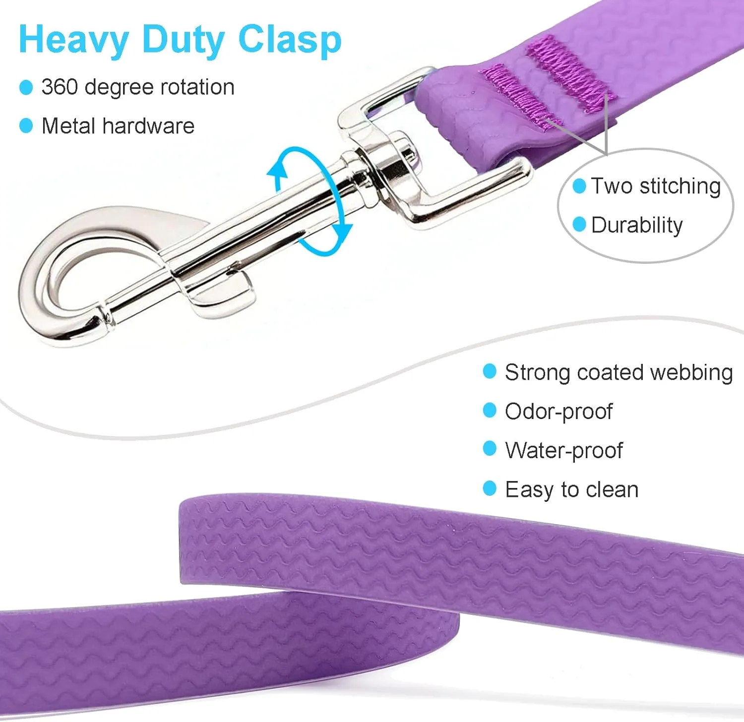 6 ft Double Handle Waterproof Dog Leash, Traffic Control, Odor Proof, Easy Clean Coated Wide Nylon with 2 Handles for Beach/Muddy Adventures/Training