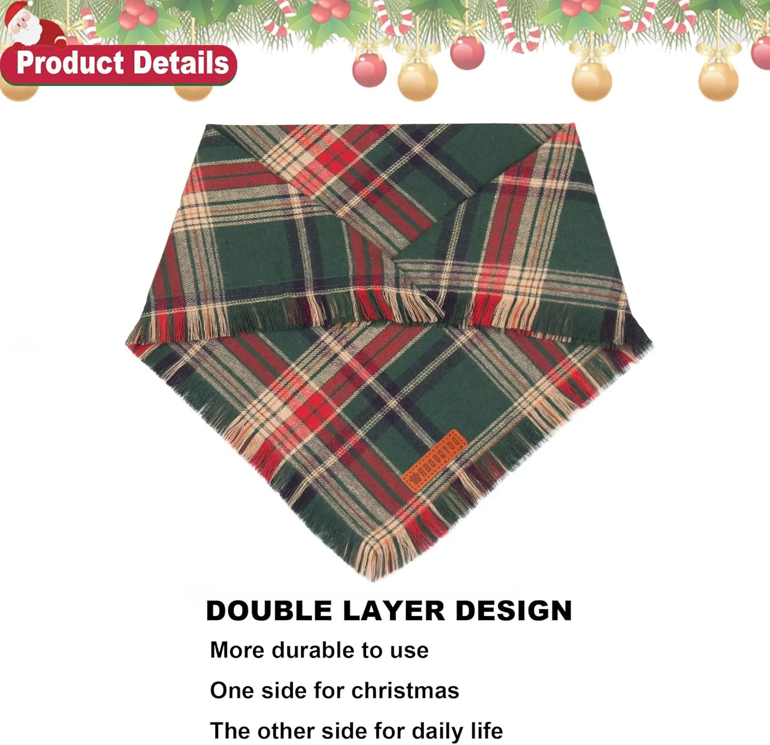 ADOGGYGO Christmas Dog Bandanas with Tassels Edges, Stylish Plaid Dog Christmas Scarf Bib, Multiple Sizes Offered, Plaid Bandanas for Large and Extra Large Dogs (X-Large)
