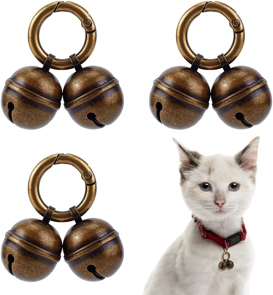 BENECREAT 3 Sets Brass Bells for Pet Collar, 1.7 Inch Dog Collar Charms with Spring Gate Rings for Pet Tracking, Training, Decorating (Antique Bronze)
