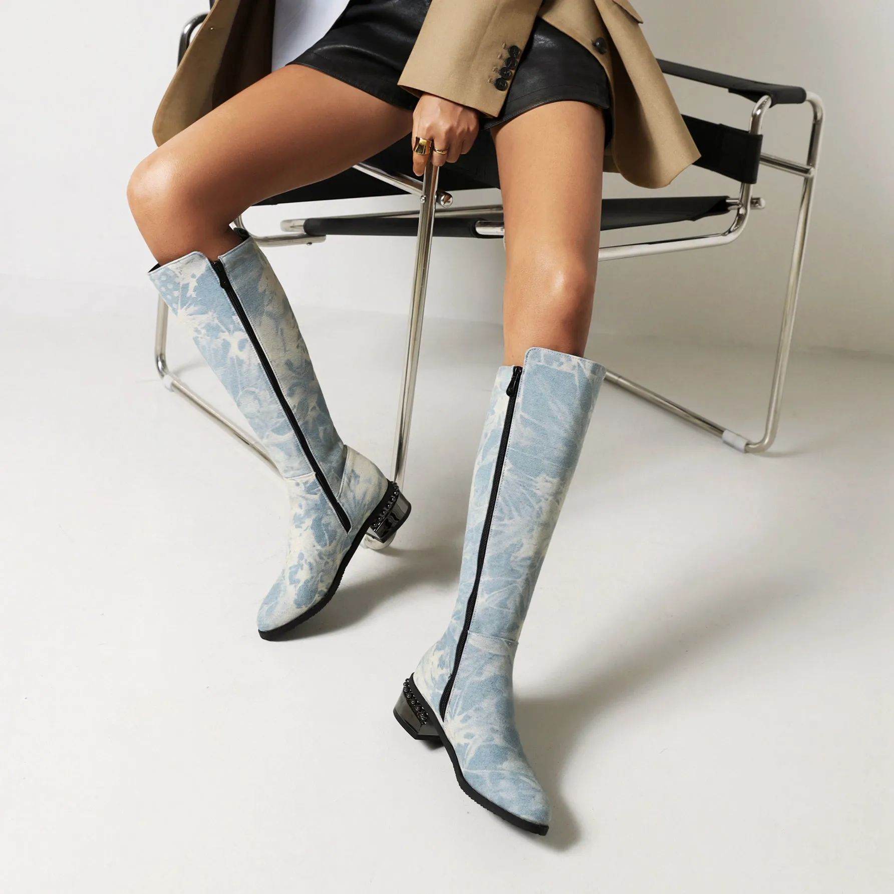Bigsizeheels Simple solid color round toe over-the-knee boots-Pale blue