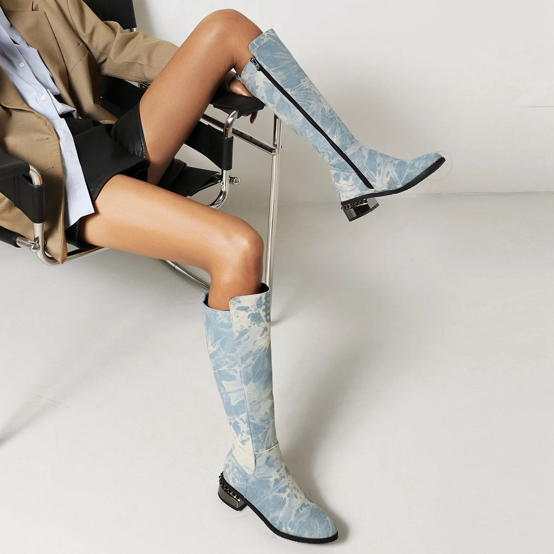 Bigsizeheels Simple solid color round toe over-the-knee boots-Pale blue
