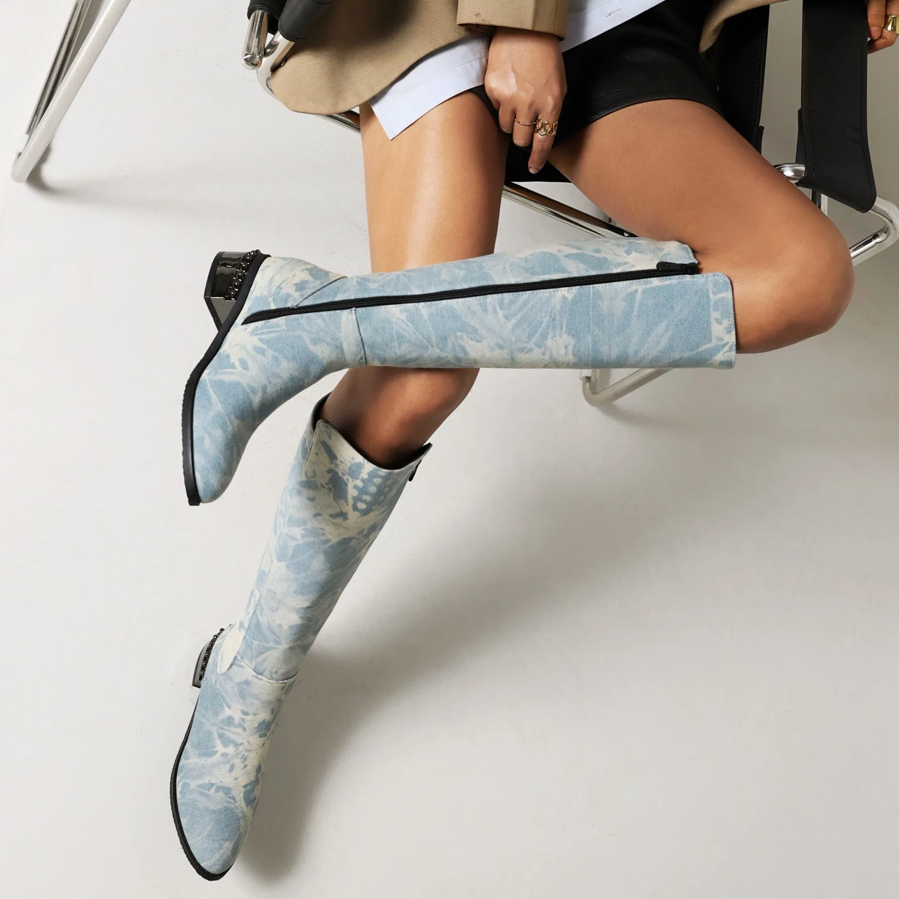 Bigsizeheels Simple solid color round toe over-the-knee boots-Pale blue