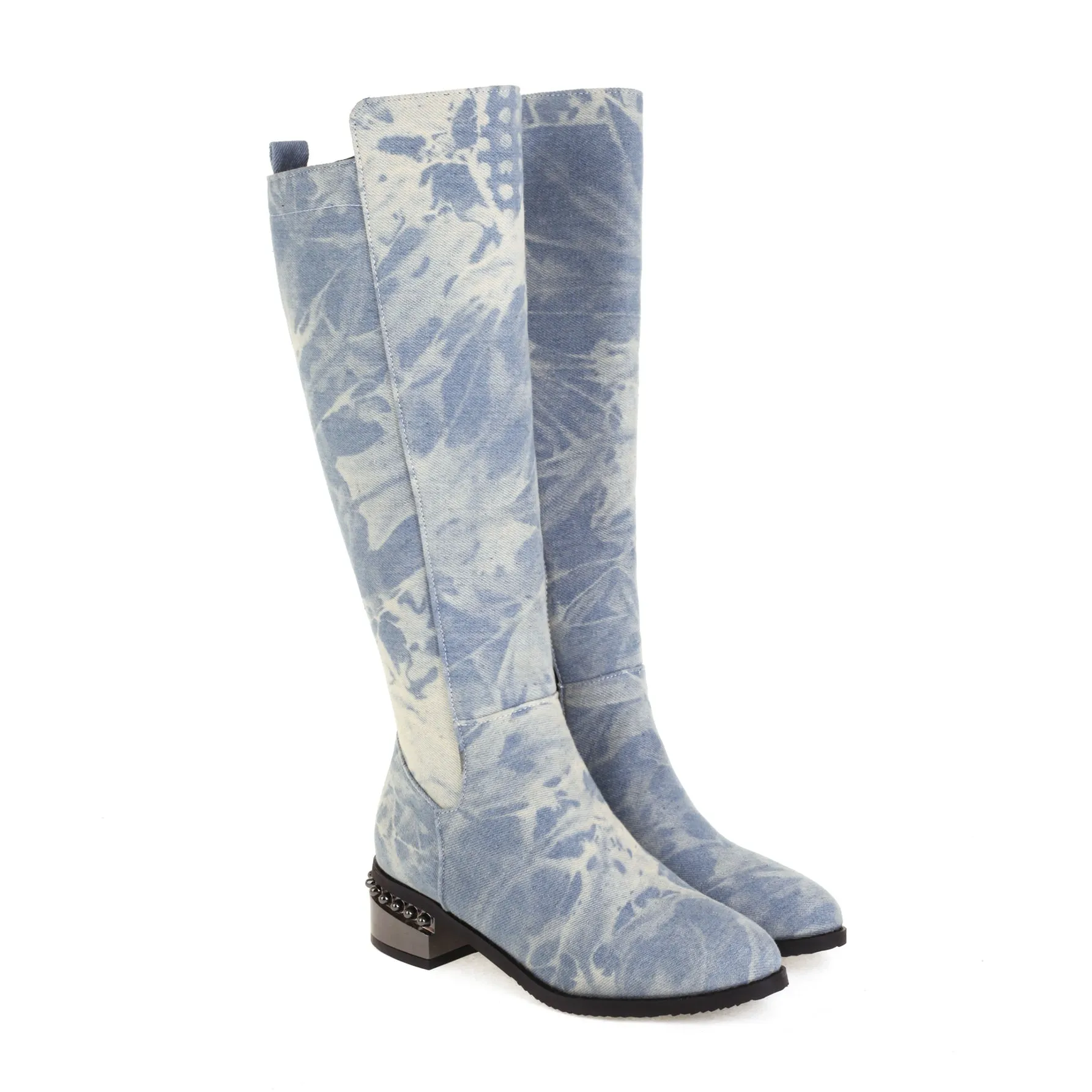 Bigsizeheels Simple solid color round toe over-the-knee boots-Pale blue