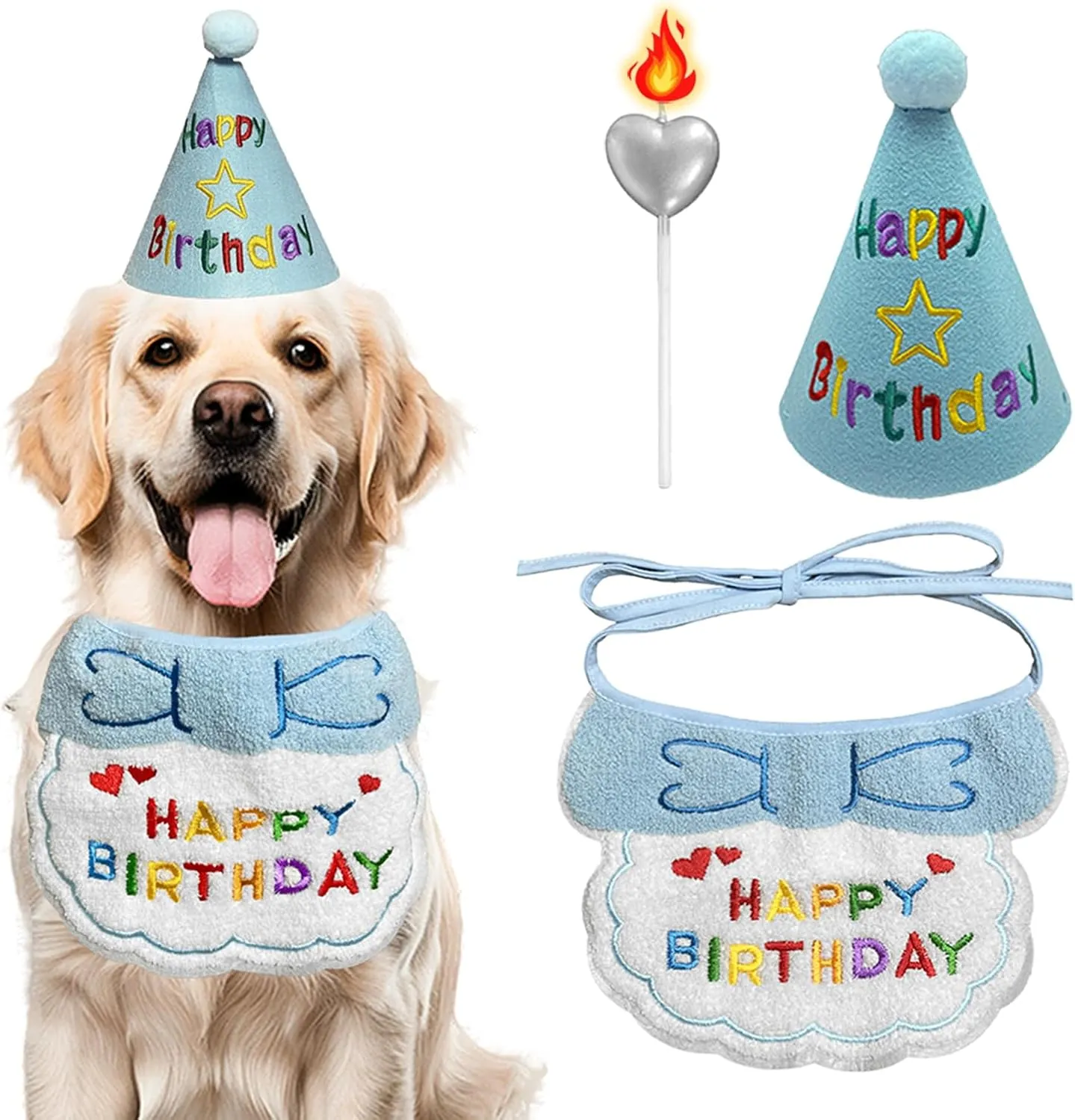 Birthday Dog Hat and Bib Set, Multiple Color Offered Animal Bandanas for Small Medium Large Dogs, Cat Puppy Bids Party Supplies, Stylish Plaid Pets Birthday Gift (Blue)