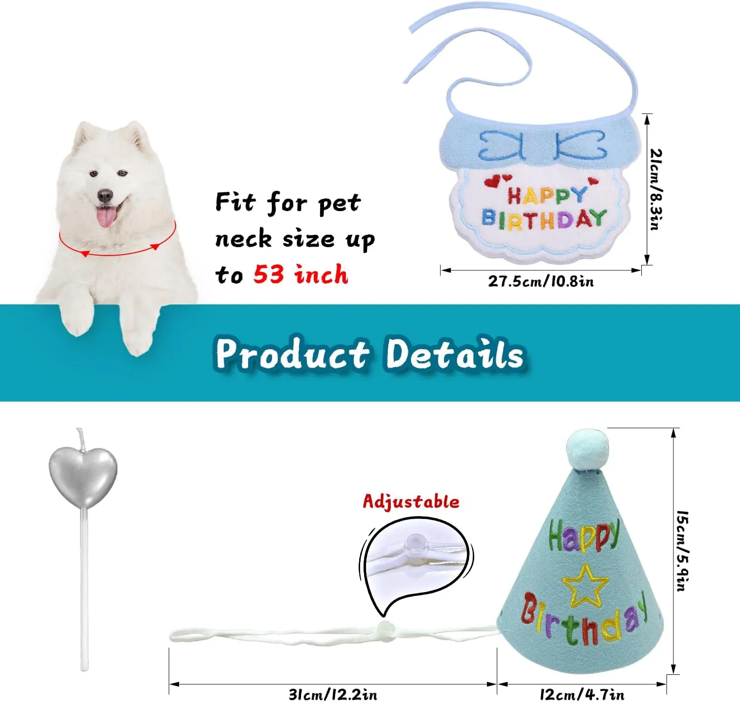 Birthday Dog Hat and Bib Set, Multiple Color Offered Animal Bandanas for Small Medium Large Dogs, Cat Puppy Bids Party Supplies, Stylish Plaid Pets Birthday Gift (Blue)