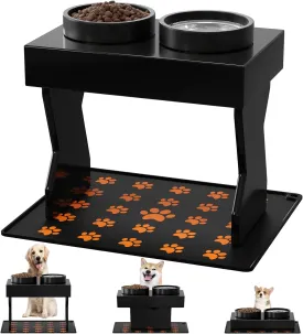 Ceramic Dog Bowls Elevated with Silicone Mat for Medium Dogs 3 Height Adjustable Dog Raised Bowl Stand Wooden Puppy Bowl of All Ages (1.5L/50oz*2) Black