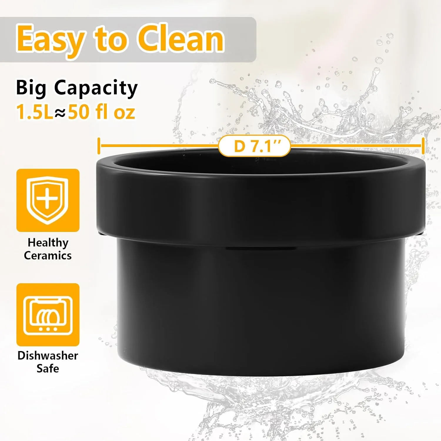 Ceramic Dog Bowls Elevated with Silicone Mat for Medium Dogs 3 Height Adjustable Dog Raised Bowl Stand Wooden Puppy Bowl of All Ages (1.5L/50oz*2) Black