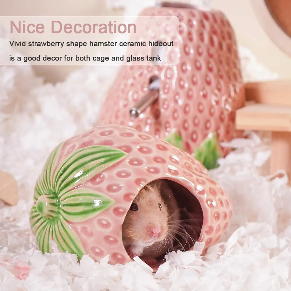 Ceramic Hamster Hideout, Strawberry Hamster House and Habitat, Syrian Hamster Hideout Decor Cool Bed for All Season Gerbil, Mice Guinea Pig