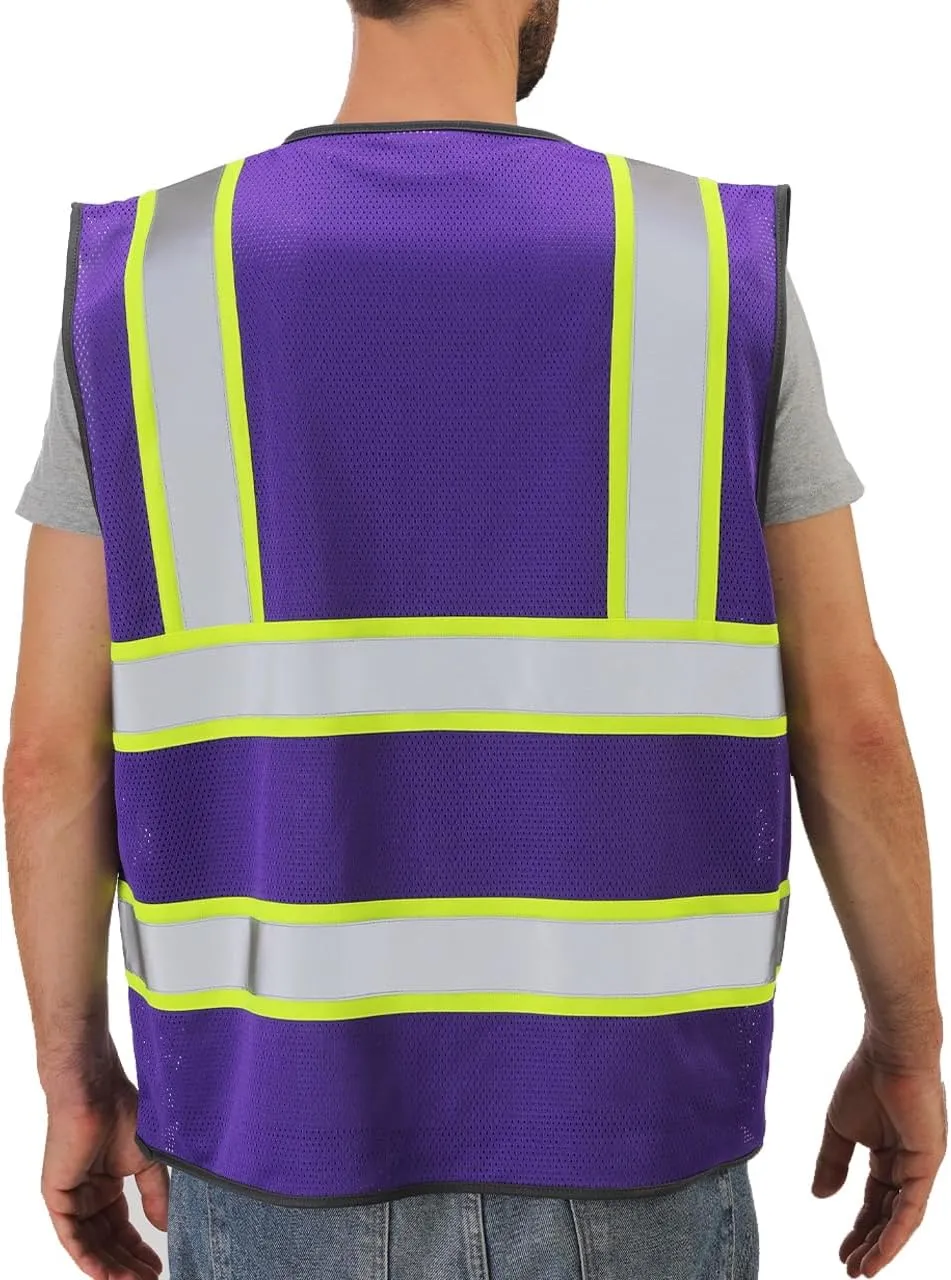 Dib Safety Reflective Mesh Vest High Visibility Two Tone with Pockets and Zipper, Purple Mesh with Yellow Trim 2XL