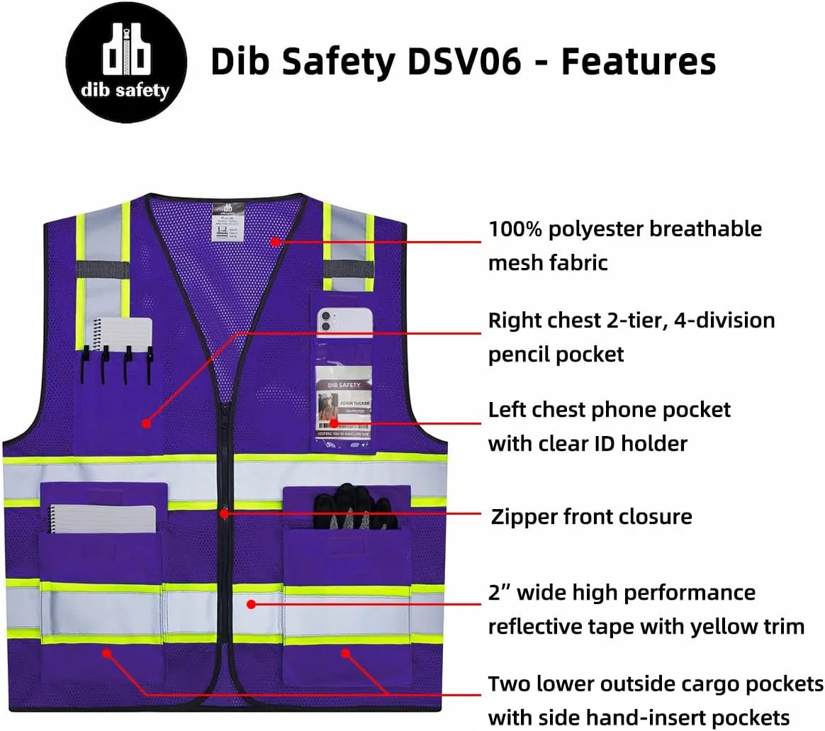 Dib Safety Reflective Mesh Vest High Visibility Two Tone with Pockets and Zipper, Purple Mesh with Yellow Trim 2XL