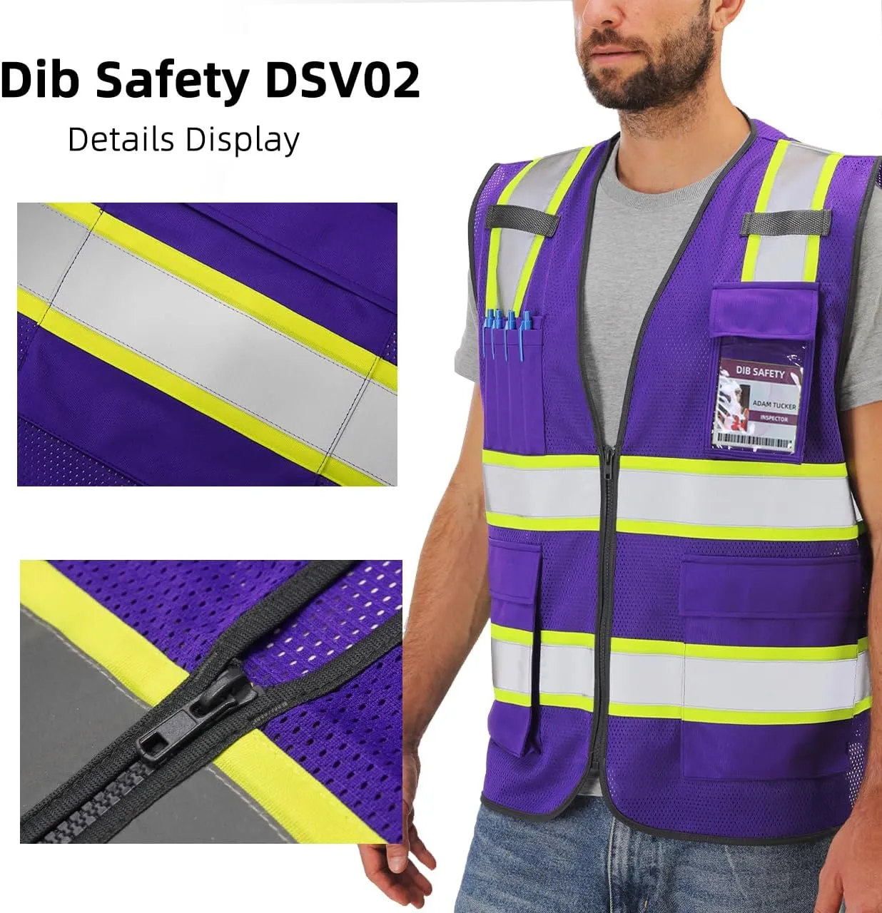 Dib Safety Reflective Mesh Vest High Visibility Two Tone with Pockets and Zipper, Purple Mesh with Yellow Trim 2XL