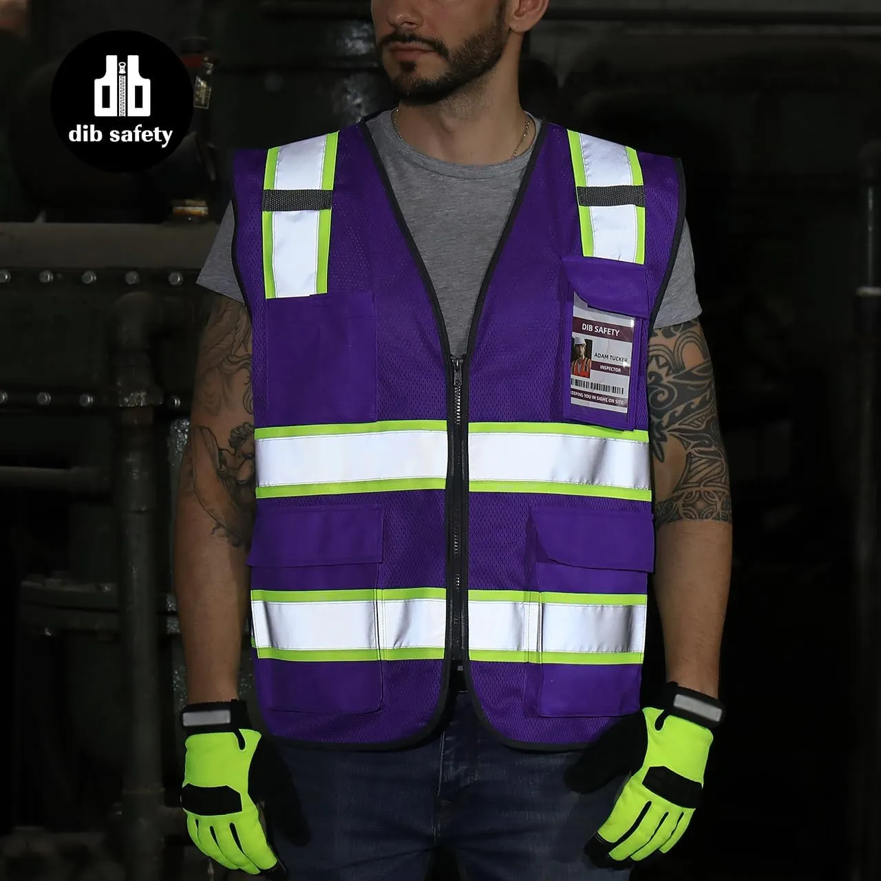 Dib Safety Reflective Mesh Vest High Visibility Two Tone with Pockets and Zipper, Purple Mesh with Yellow Trim 2XL