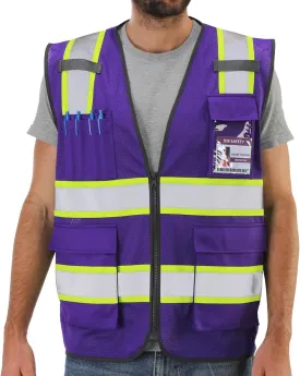 Dib Safety Reflective Mesh Vest High Visibility Two Tone with Pockets and Zipper, Purple Mesh with Yellow Trim 2XL