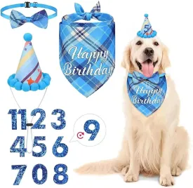 Dog Birthday Party Supplies, Boy Dog Birthday Bandana Set with Cute Dog Bow Tie, Birthday Boy Dog Bandana, Crown Hat with Numbers for Small Medium Large Dogs, Blue Dog Birthday Outfit (Blue)