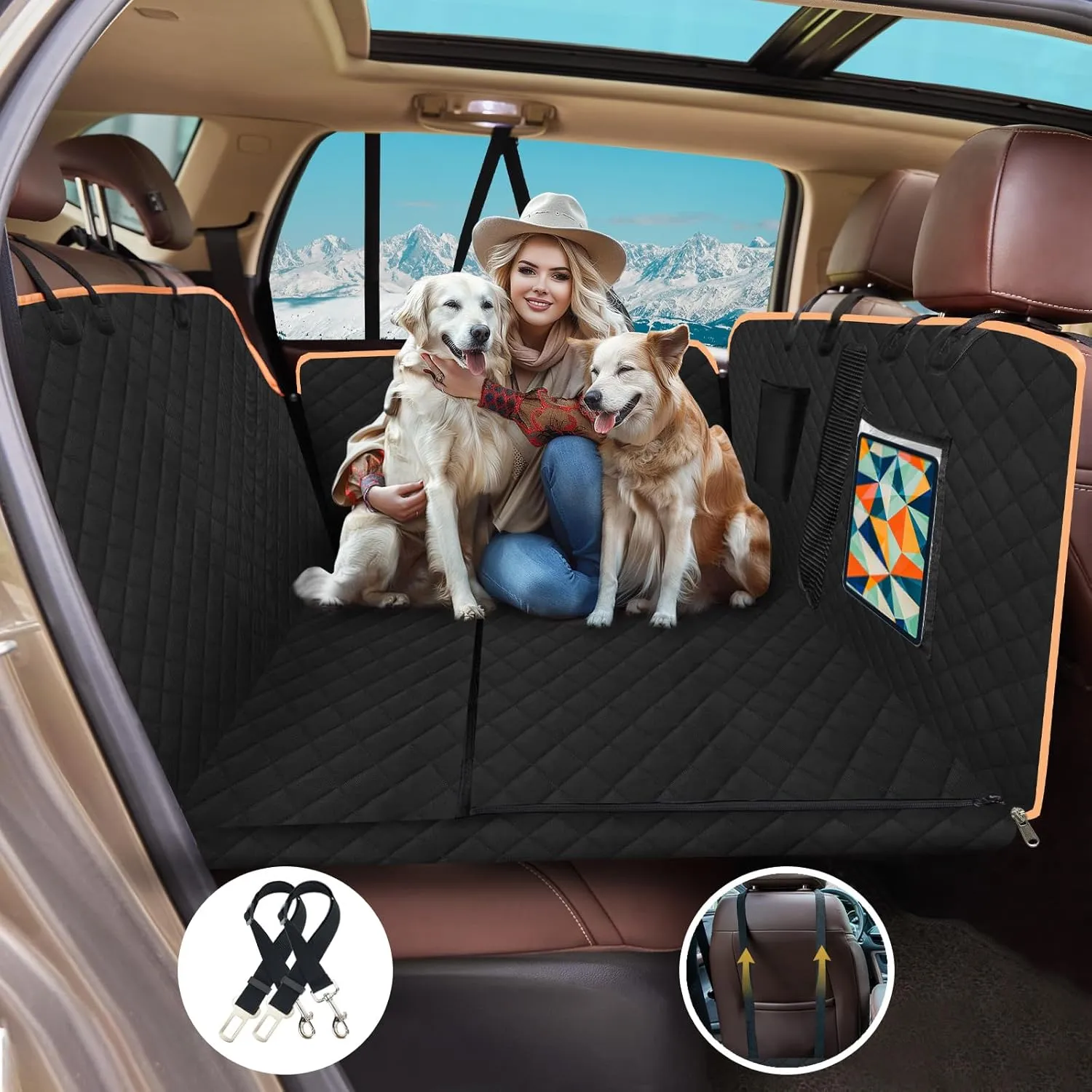 Dog Car Seat Cover for Back Seat - Waterproof Convertible Hammock - Non-Slip Pet Protector Universal, Fits Cars, SUV, Trucks, Supports Up to 300 lbs, Sturdy with Dual Straps and Zipper