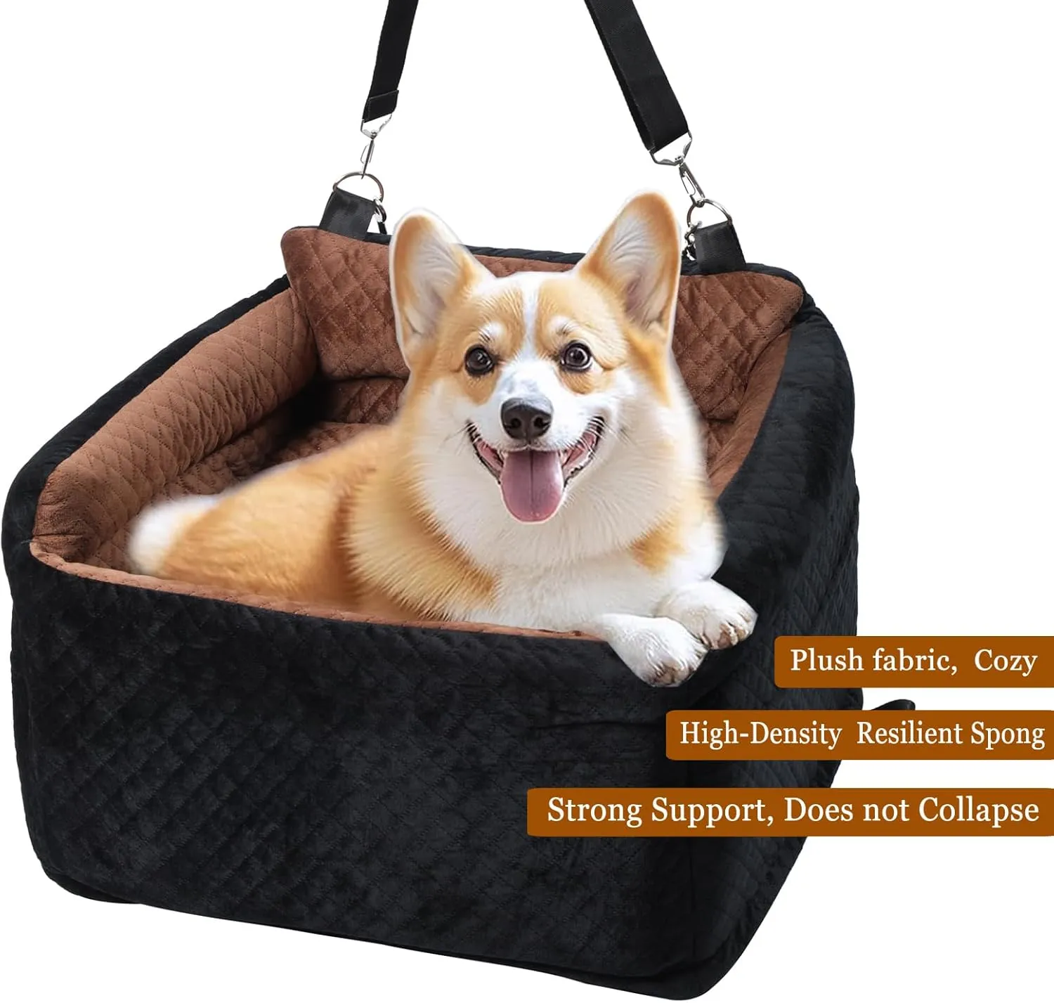Dog Car Seat for Medium Dogs,Fully Removable and Washable Booster Car Travel Bed for Pets, Pet Car Seat with Adjustable Seat Belt and Storage Pouch for Small and Medium Dogs up to 30 lbs.Black/Brown