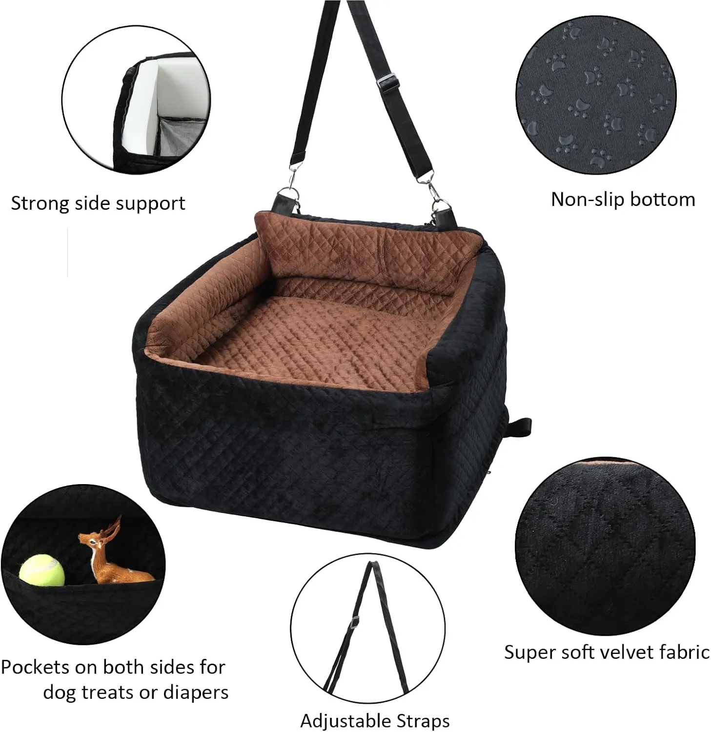Dog Car Seat for Medium Dogs,Fully Removable and Washable Booster Car Travel Bed for Pets, Pet Car Seat with Adjustable Seat Belt and Storage Pouch for Small and Medium Dogs up to 30 lbs.Black/Brown