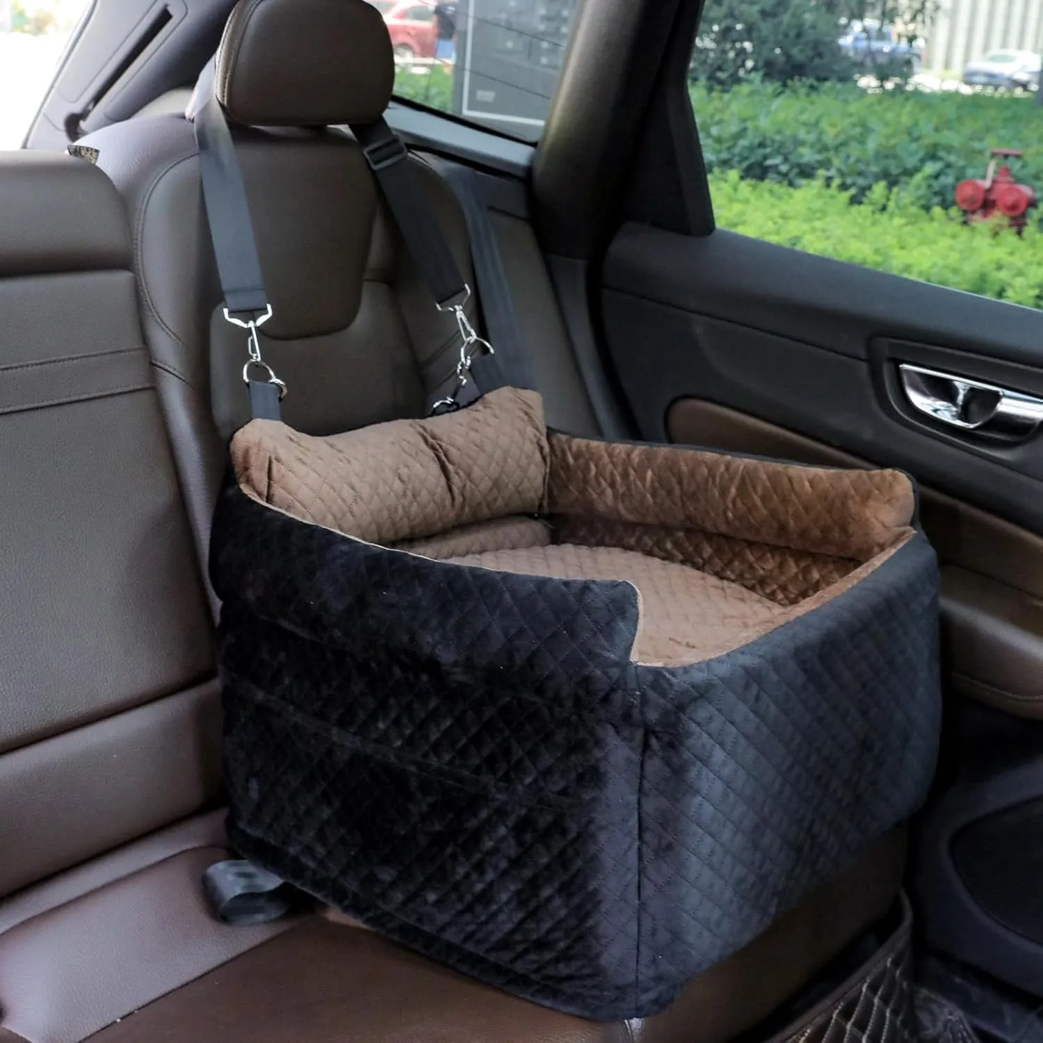 Dog Car Seat for Medium Dogs,Fully Removable and Washable Booster Car Travel Bed for Pets, Pet Car Seat with Adjustable Seat Belt and Storage Pouch for Small and Medium Dogs up to 30 lbs.Black/Brown