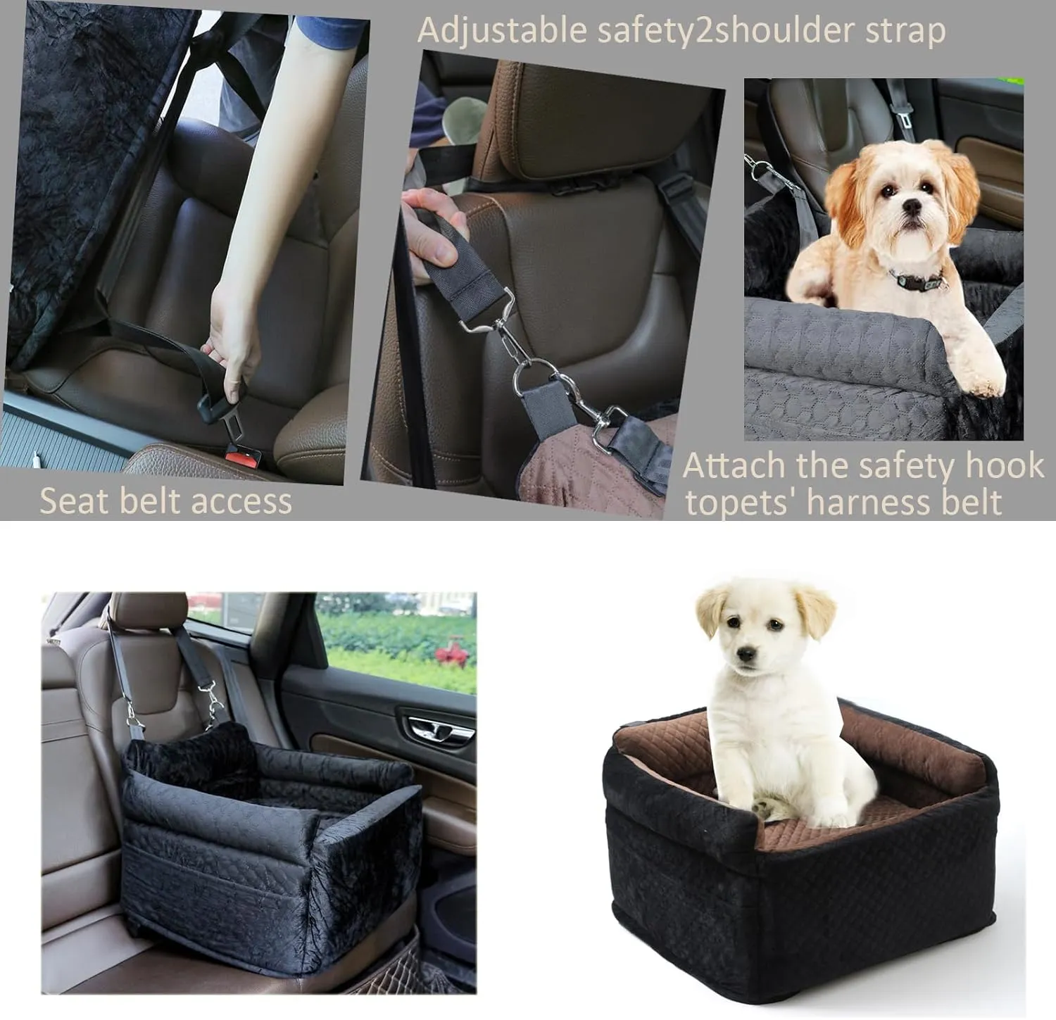 Dog Car Seat for Medium Dogs,Fully Removable and Washable Booster Car Travel Bed for Pets, Pet Car Seat with Adjustable Seat Belt and Storage Pouch for Small and Medium Dogs up to 30 lbs.Black/Brown