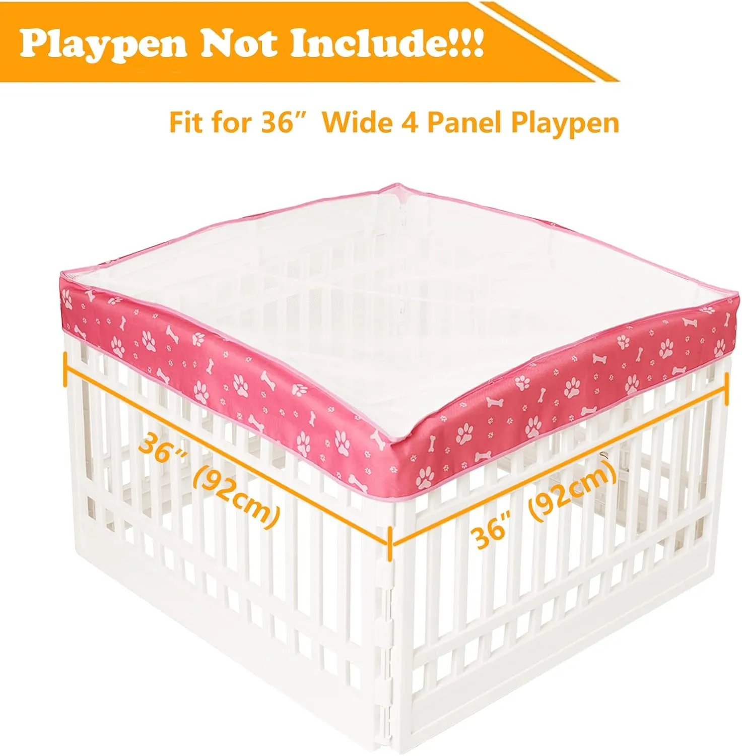 Dog Playpen Mesh Top Cover for 36" Inch Pet Playpen with 4 Panels, Dog Crate Cover Pet Tent Puppy Play Pen Cover, Ideal for Indoor/Outdoor Use. Note: Playpen Not Included!!! (Pink)