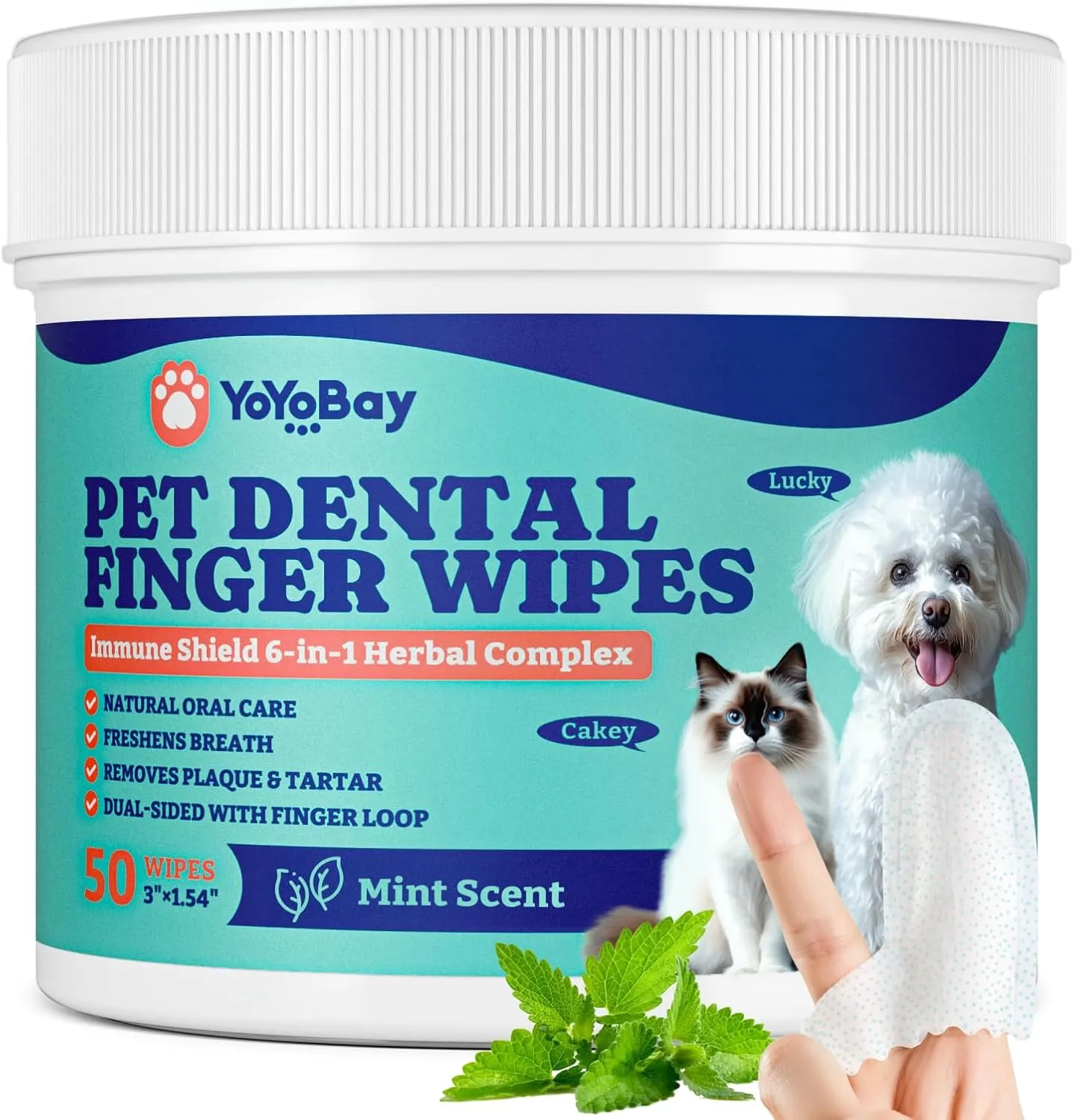 Dog Teeth Cleaning Wipes, Pet Finger Dental Wipes for Dogs & Cats, Dual-Sided, 6-in-1 Herbal Formula, Remove Plaque & Tartar, Freshen Breath, No-Rinse Toothbrushing Wipes - 50 PCS, Mint Flavor