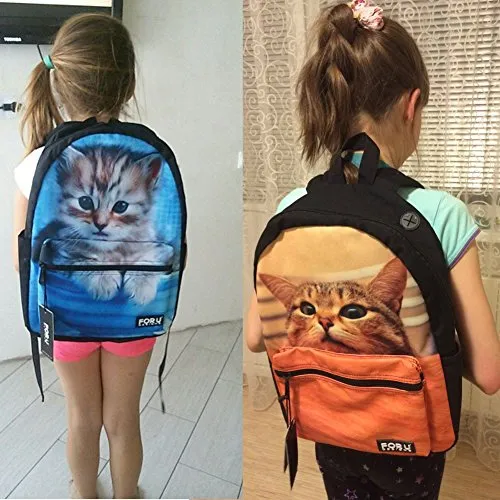 Doginthehole 3D Funny Denim Printing Cats School Canvas Backpacks For Girls