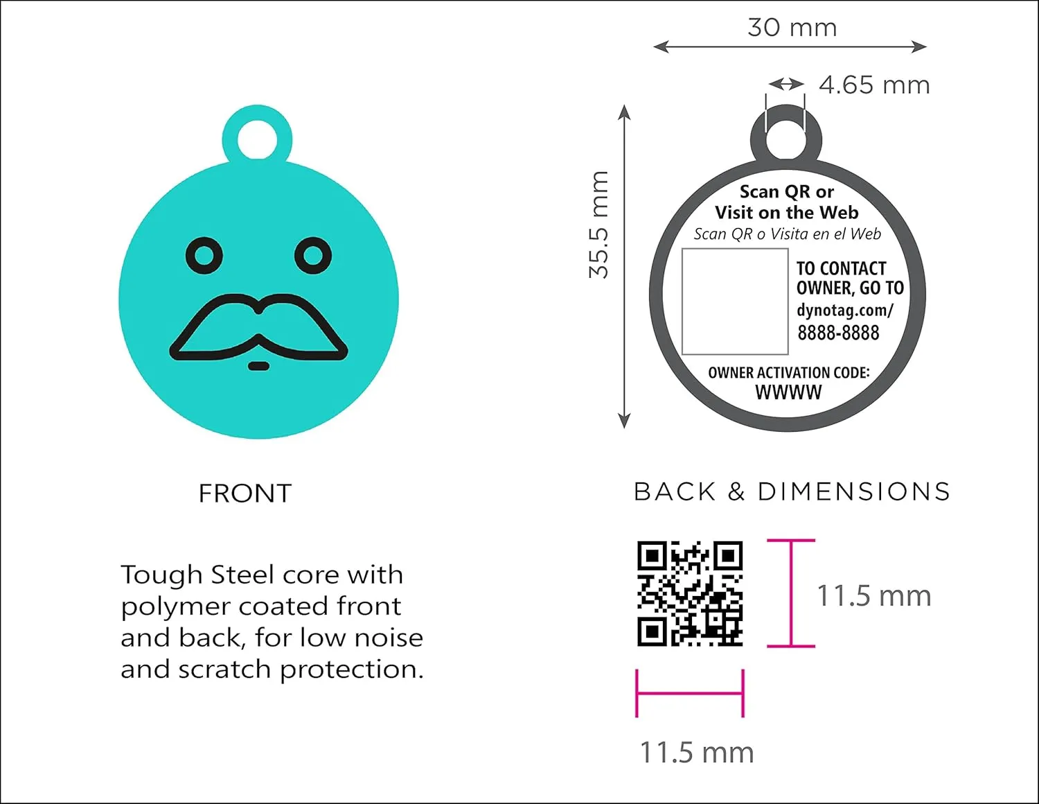 Dynotag Web Enabled Super Pet ID Smart Tag with DynoIQ & Lifetime Recovery Service. Play Series: Round (Mustache)
