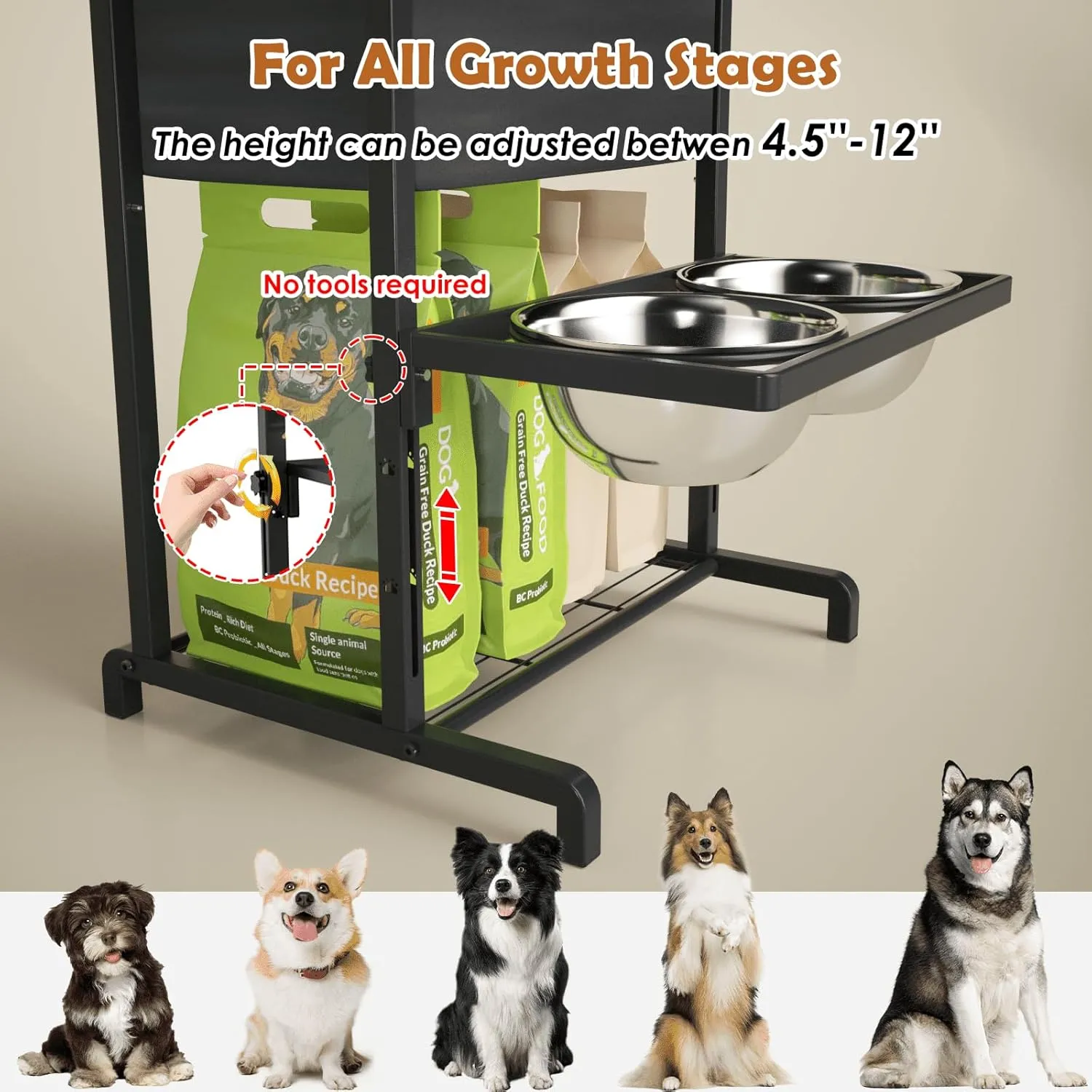 Elevated Dog Bowls: Height Adjustable Raised Dog Bowl Stand (4.5'' to 12'') 2 * 1700ml Stainless Steel Bowls   Slow Feeder, Dog Feeding Station w/Storage Organizer & Toy Basket for Medium/Large Dogs