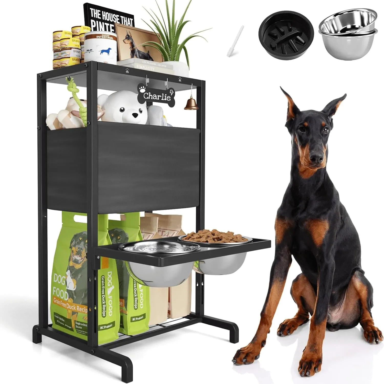 Elevated Dog Bowls: Height Adjustable Raised Dog Bowl Stand (4.5'' to 12'') 2 * 1700ml Stainless Steel Bowls   Slow Feeder, Dog Feeding Station w/Storage Organizer & Toy Basket for Medium/Large Dogs