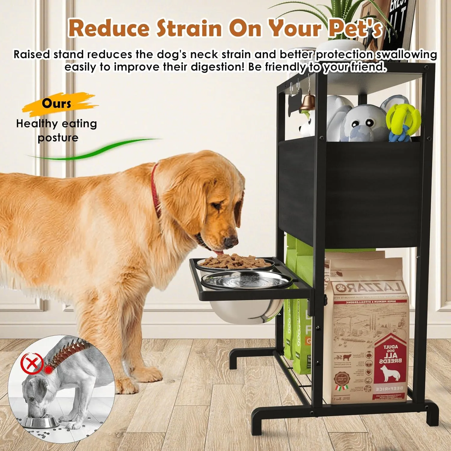 Elevated Dog Bowls: Height Adjustable Raised Dog Bowl Stand (4.5'' to 12'') 2 * 1700ml Stainless Steel Bowls   Slow Feeder, Dog Feeding Station w/Storage Organizer & Toy Basket for Medium/Large Dogs