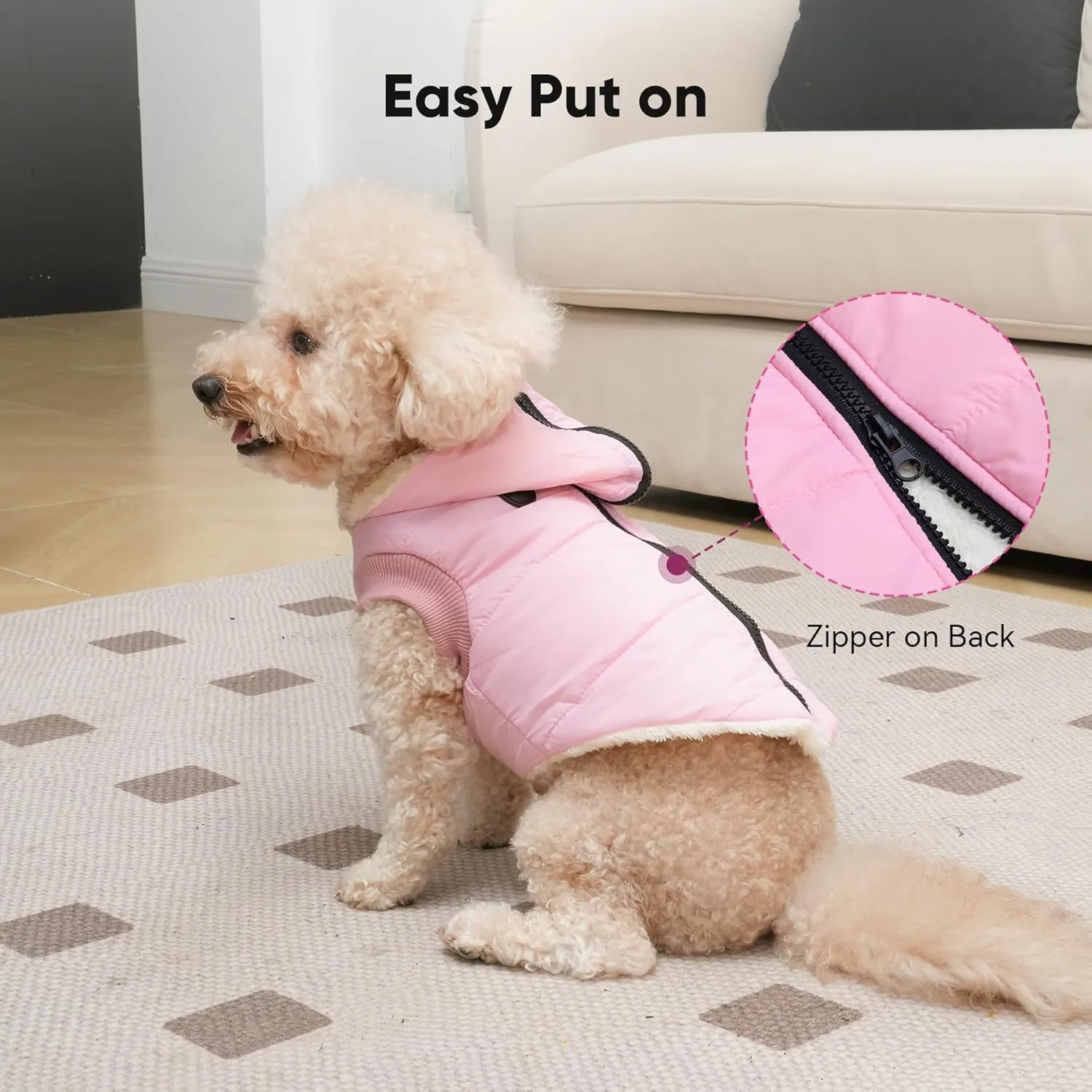 Fleece Lining Dog Hoodie with Harness Built in,Extra Warm Medium Dog Jacket in Winter Doggie Coats with Hooded,Light Pink L