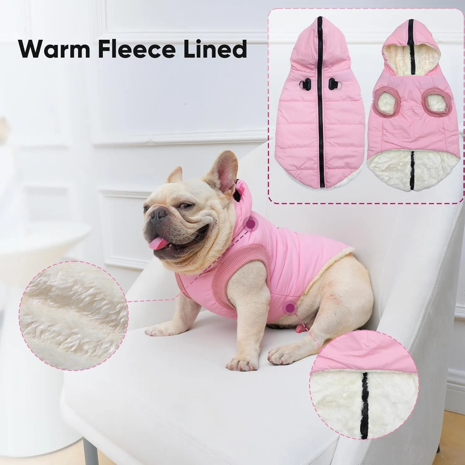 Fleece Lining Dog Hoodie with Harness Built in,Extra Warm Medium Dog Jacket in Winter Doggie Coats with Hooded,Light Pink L