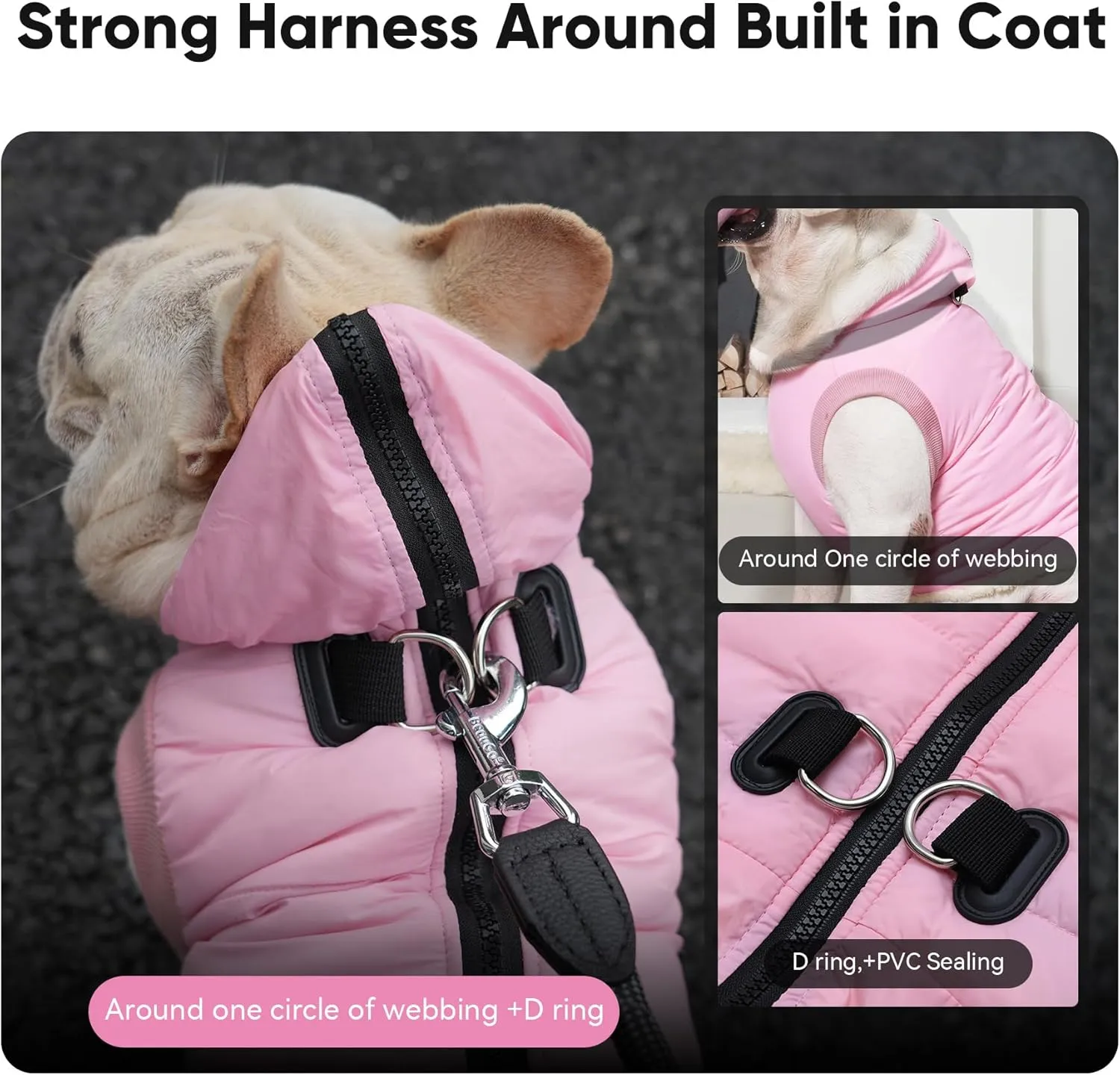 Fleece Lining Dog Hoodie with Harness Built in,Extra Warm Medium Dog Jacket in Winter Doggie Coats with Hooded,Light Pink L