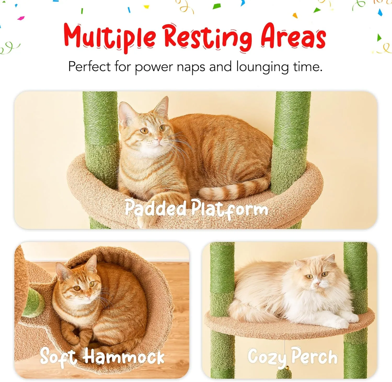Green Cat Tree, Floor to Ceiling Cat Tower Adjustable Height [92-102 Inches=234-258cm], 7 Tiers Cat Climbing Tree with Hammock,Platforms and Sisal-Covered Scratching Posts for Indoor Cats