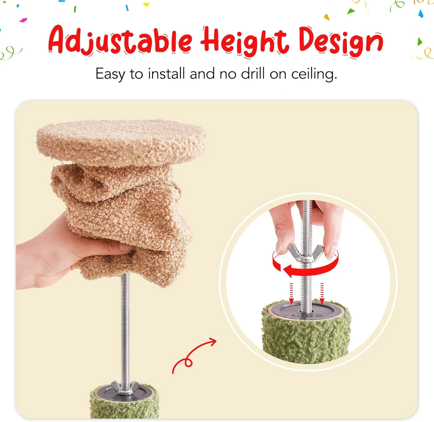 Green Cat Tree, Floor to Ceiling Cat Tower Adjustable Height [92-102 Inches=234-258cm], 7 Tiers Cat Climbing Tree with Hammock,Platforms and Sisal-Covered Scratching Posts for Indoor Cats