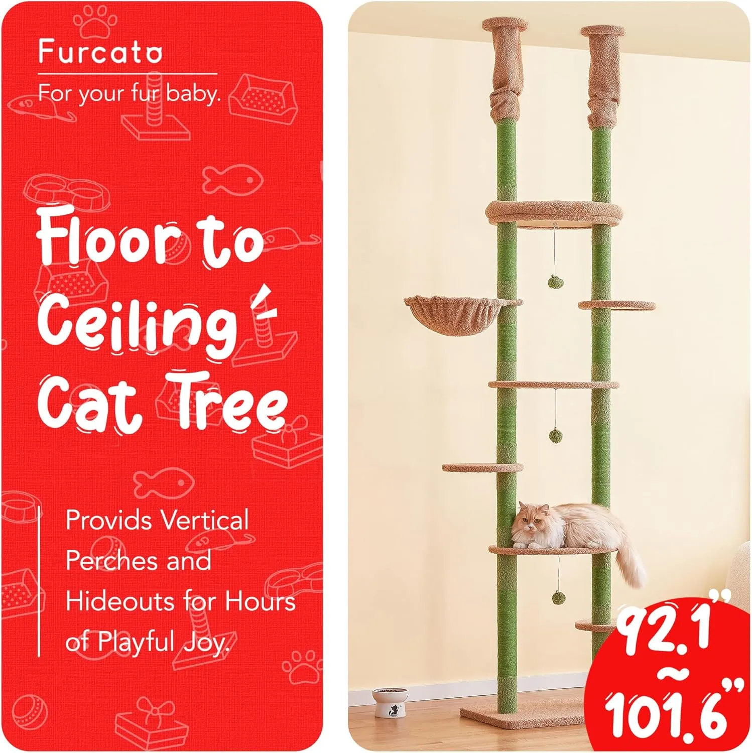 Green Cat Tree, Floor to Ceiling Cat Tower Adjustable Height [92-102 Inches=234-258cm], 7 Tiers Cat Climbing Tree with Hammock,Platforms and Sisal-Covered Scratching Posts for Indoor Cats