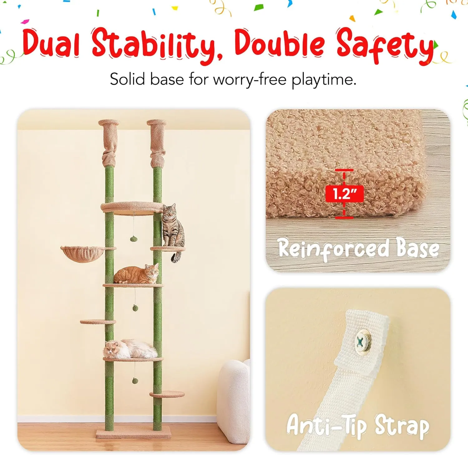 Green Cat Tree, Floor to Ceiling Cat Tower Adjustable Height [92-102 Inches=234-258cm], 7 Tiers Cat Climbing Tree with Hammock,Platforms and Sisal-Covered Scratching Posts for Indoor Cats