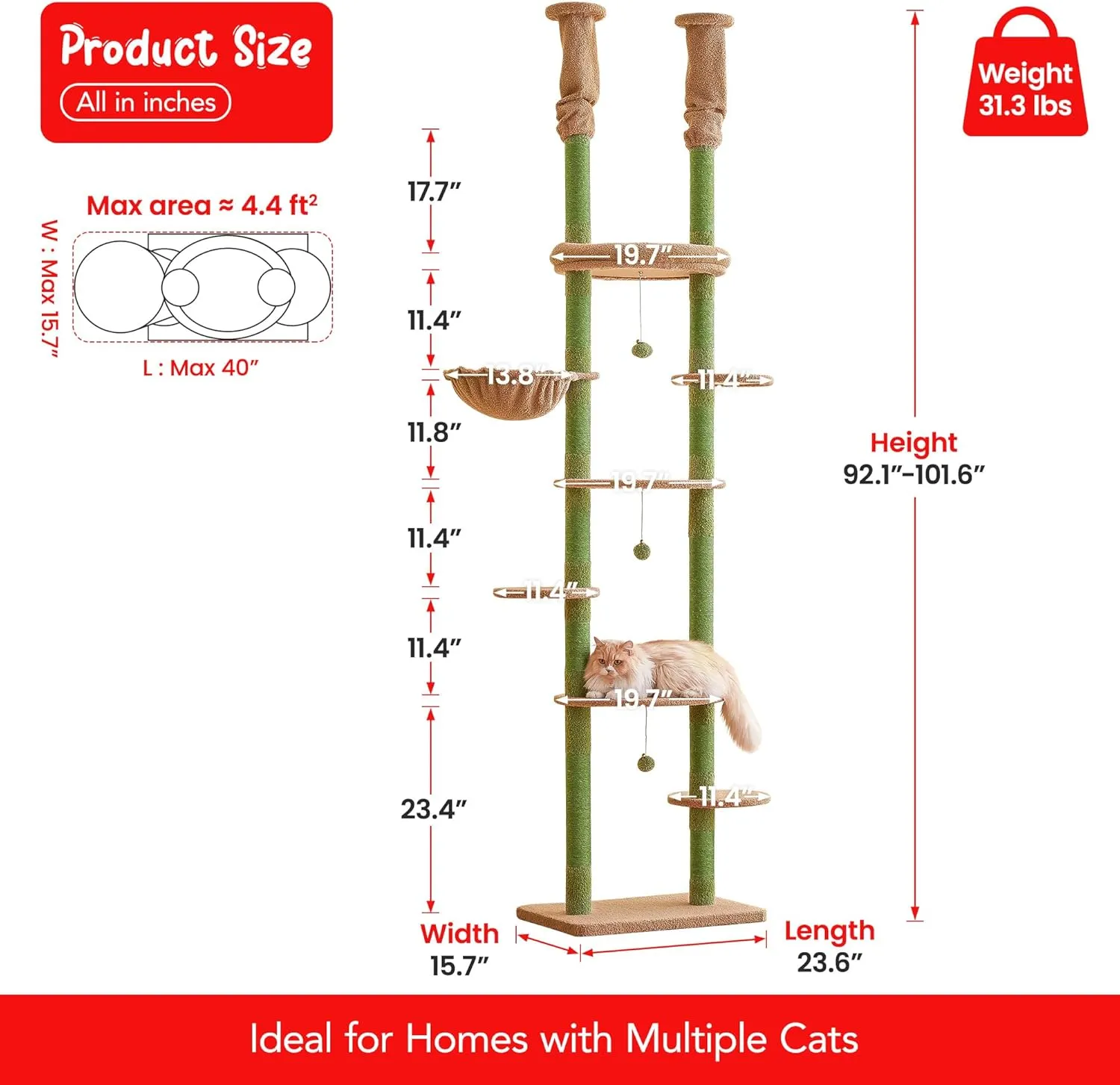 Green Cat Tree, Floor to Ceiling Cat Tower Adjustable Height [92-102 Inches=234-258cm], 7 Tiers Cat Climbing Tree with Hammock,Platforms and Sisal-Covered Scratching Posts for Indoor Cats