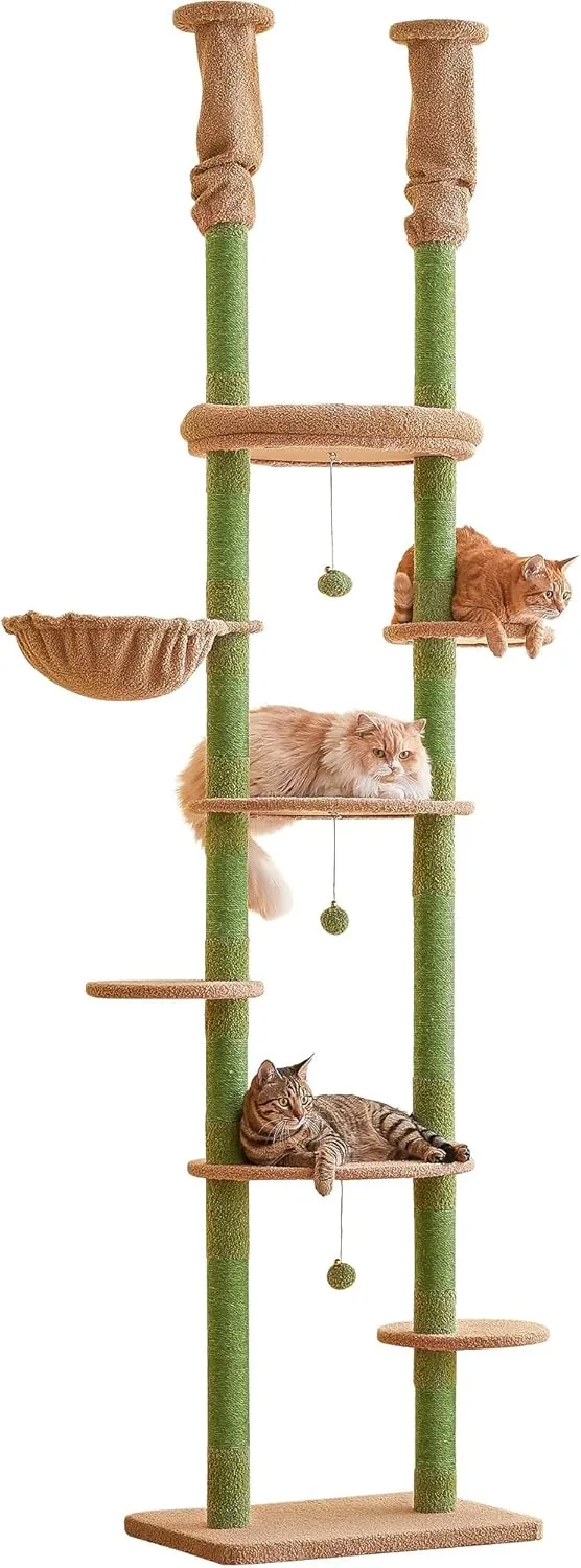 Green Cat Tree, Floor to Ceiling Cat Tower Adjustable Height [92-102 Inches=234-258cm], 7 Tiers Cat Climbing Tree with Hammock,Platforms and Sisal-Covered Scratching Posts for Indoor Cats