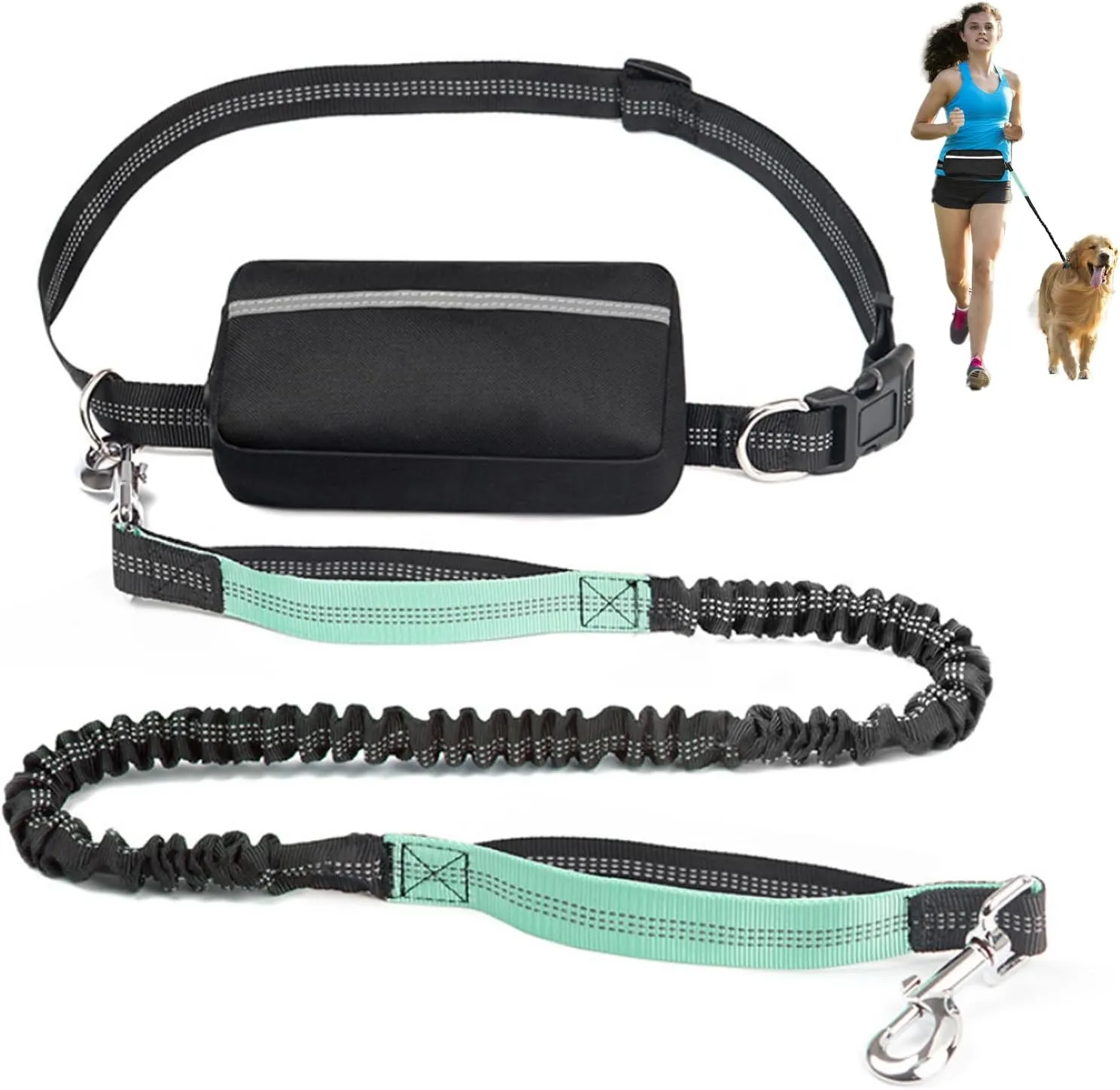 Hands Free Dog Leash, Reflective Retractable Bungee with Double Padded Handles, Adjustable Dog Waist Leash for Running Walking Hiking Jogging Biking