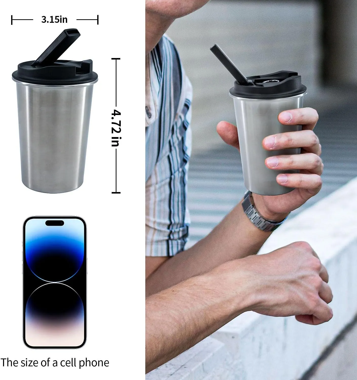 Insulated Stainless Steel Travel Mug with Heat-Resistant Silicone Lid | Discreet Reusable Cup for Camping, Hiking & Outdoor Activities (White)