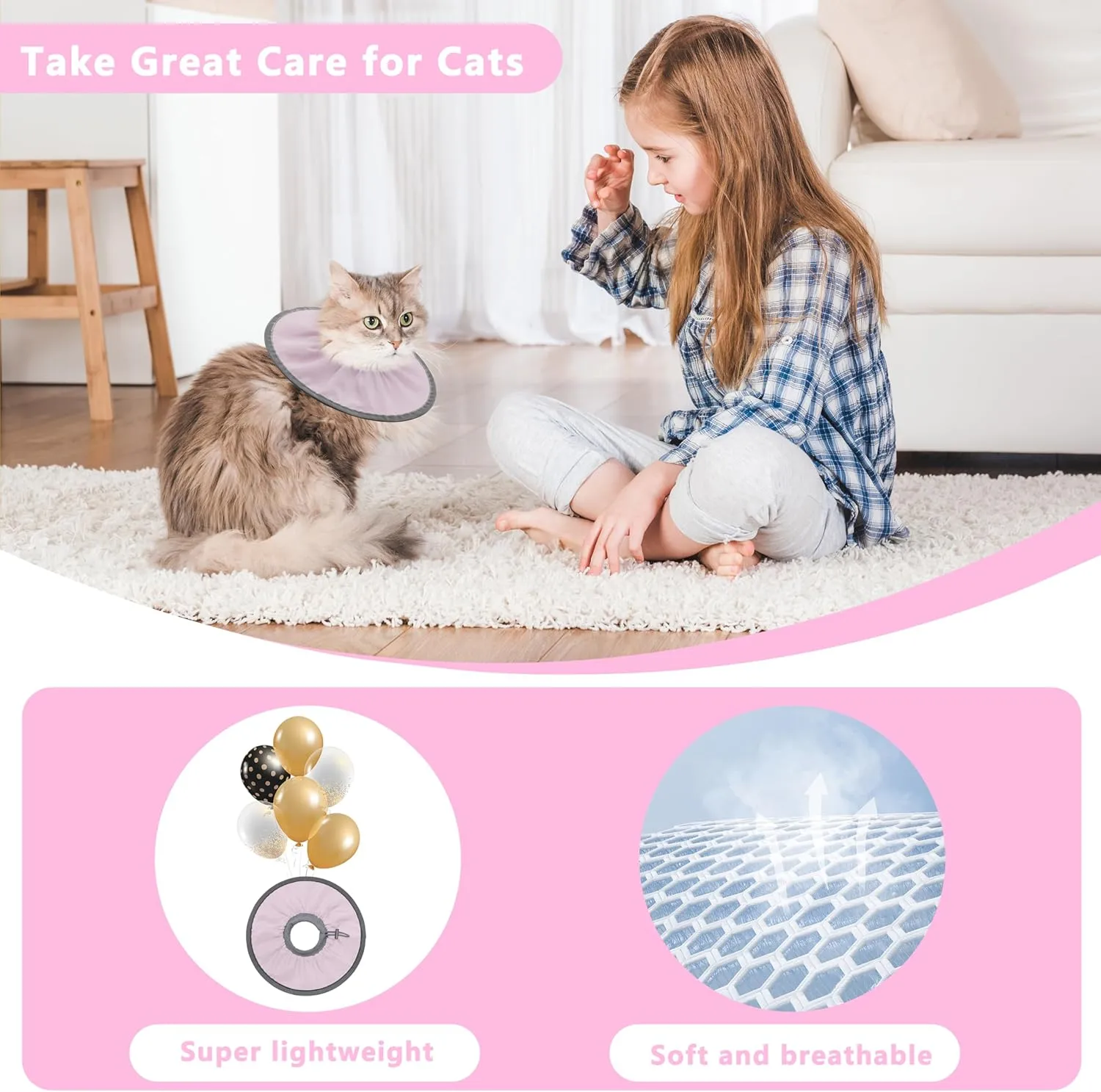 Lightweight Cat Cone Collar Soft, Soft Comfortable Cat Recovery Collar After Surgery, Elizabethan E Collar for Cats, Cone for Cats to Stop Licking (Pale Pink, Small)