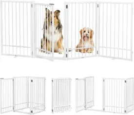 Metal Freestanding Dog Gate with Door, Extra Wide 81", 31" Height Foldable Dog Gates for Doorways, Tall Pet Fence Indoor Outdoor Pet Gates, 4 Panels Pet Barrier for Stairs Hallways, White